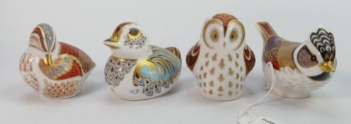 Four x Royal Crown Derby bird Paperweights: Crested tit, Duckling, owlet & Teal duckling, all with