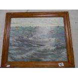 Oil on board of HMS Sheffield: signed K.H Lockett , to reverse HMS Sheffield & Enchantress North