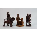 3 x carved wooden figures: Chinese or similar farmer on water buffalo, Chinese fisherman and unknown