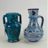 Middle Eastern decorative floral ware pottery items Ewer and two handled vase, ewer height 19.5cm (