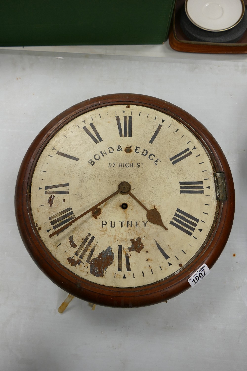 Distressed Victorian Station Clock: dial reads Bond & Edge Putney clock, Fusee mechanism noted