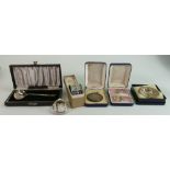 Group of solid silver items: Includes 3 x napkin rings, salt dish, key ring, cased silver pusher and