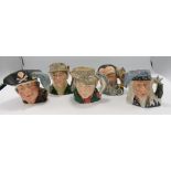 Royal Doulton Small Character Jugs: The Poacher D6464, The Angler D6866, The Wizard D6909, Merlin