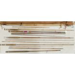 A collection of Vintage Fishing Rods including: Mibro course fishing rod, Allcocks Split Cane Record
