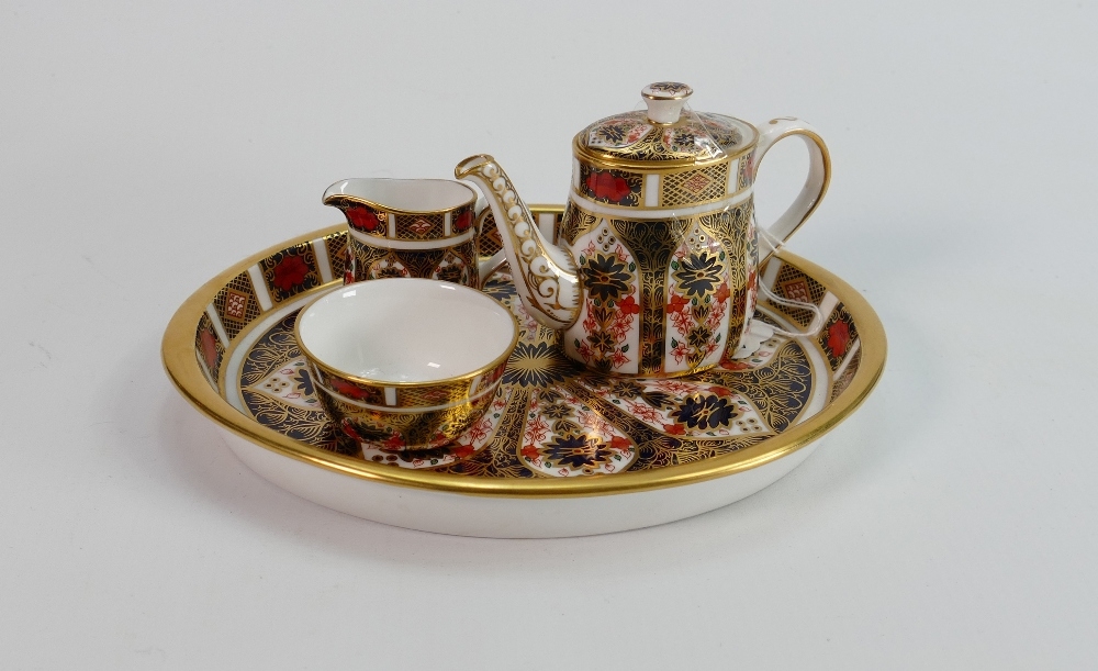 Royal Crown Derby Imari pattern miniature tea set and tray: Tray measures 19.5cm wide. All 4