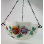 Large floral frosted glass ceiling light shade and chains: Diameter 34cm & depth 19cm.