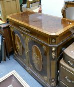 Inlaid walnut two door side cabinet: With single drawer above. Brass mounts.