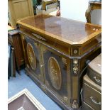 Inlaid walnut two door side cabinet: With single drawer above. Brass mounts.