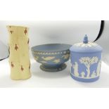 Wedgwood Seconds items to include: Bamboo Vase, Biscuit Barrel & damaged Marine Bowl, height of