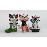 Three Lorna Bailey cats: In boots, in bath and with a mouse, tallest 13.75 cm (3)