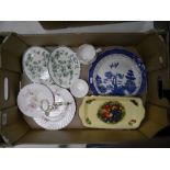 A mixed collection of items to include: Queens China tray, Floral Cake Stand, Blue & White Plate etc