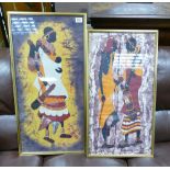 Two framed prints on fabric with African tribal theme: (2)