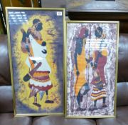 Two framed prints on fabric with African tribal theme: (2)