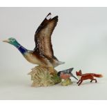 Beswick Bullfinch 1042 & small fox: together with Dutch large pottery model of mallard in fight(3)
