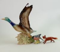 Beswick Bullfinch 1042 & small fox: together with Dutch large pottery model of mallard in fight(3)