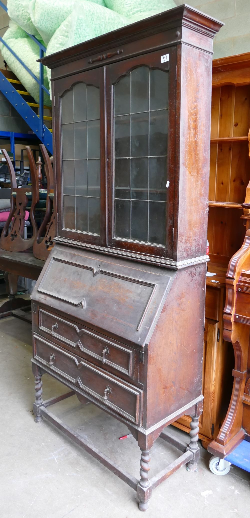 Oak Glazed Bureau Bookcase: height 202cm, width 90cm and depth 40cm