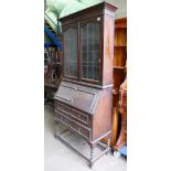 Oak Glazed Bureau Bookcase: height 202cm, width 90cm and depth 40cm