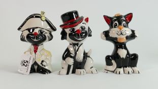 Three Lorna Bailey cats: Pirate, cat with cane & sitting cat, tallest 13.5 cm. (3)