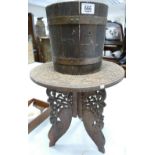 Burmese Teak small table: with small brass bound barrel(2)