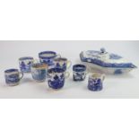 Selection of mainly 19th century blue and white porcelain: A Pearlware covered crescent shaped