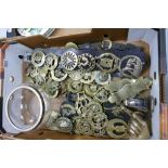 A collection of horse brasses & similar items; together with presentation smallholding glass bowl