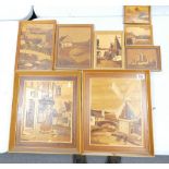 A collection of Framed Marquetry Wooden Pictures with Landscape Theme,: largest 42 x 35cm(8)