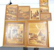 A collection of Framed Marquetry Wooden Pictures with Landscape Theme,: largest 42 x 35cm(8)