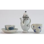 Pearlware miniature or childs coffee pot plus blue and white cups and saucer: 18th century examples,