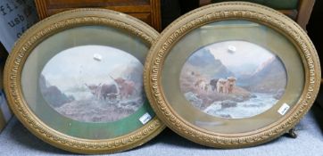 Two Oval Framed Early 20th Century Coloured Prints of Cattle: diameter at largest 61cm(2)