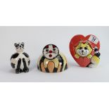 Three x Lorna Bailey cats: One measuring 13cm x 13cm x 10cm high, another fat little cat, and one