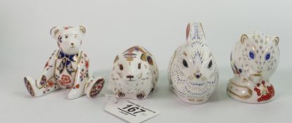 Four x Royal Crown Derby animal Paperweights: Teddy no stopper, Bank Vole, Derby Doormouse & Bunny