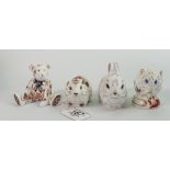 Four x Royal Crown Derby animal Paperweights: Teddy no stopper, Bank Vole, Derby Doormouse & Bunny