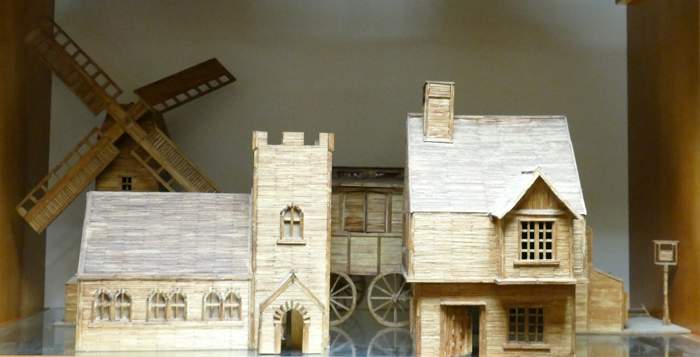 A collection of Hobbyist Made Match Stick Houses, Buildings etc: height of windmill 45cm(5)