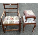 19th Century Oak Armchair: together with 2 upholstered stools(3)