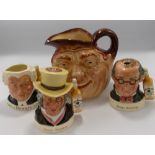 Royal Doulton Jim Beam & Dewars Small Character Jugs: together with large John Barleycorn