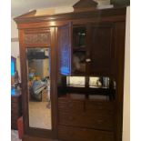 Large Edwardian Inlaid Gentleman's Triple Wardrobe: mirrored sides with carved & fitted interior