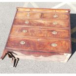 Mahogany Inlaid 2 over 3 chest of drawers: only 2 of bracket feet remain