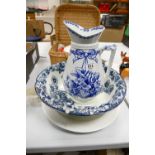 Large Early Blue & White Wsahbasin & Jug: together with undecorated large platter(3)