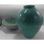 Large Mid Century Studio Pottery Turquoise Vase: together with similar footed bowl: impressed date &