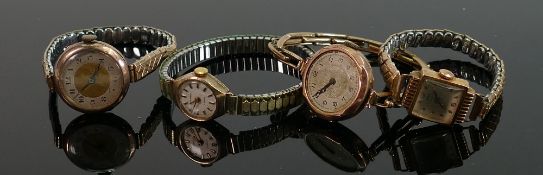 Four hallmarked gold cased ladies watches: 3 are 9ct, the smallest is 18ct. All bracelets plated.