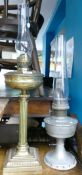 Large Brass Column Oil Lamp: togther with similar chromed Oil Lamp, height of tallest inc chimney