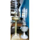 Large Brass Column Oil Lamp: togther with similar chromed Oil Lamp, height of tallest inc chimney