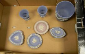 A collection of Wedgwood Jaserware to include: Vases, pin trays, small planter etc