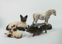 Royal Doulton and Beswick animals; 3 Doulton animals - Grey Shetland, pot bellied sow & pair of