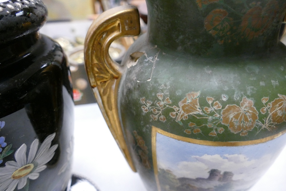 Hand Decorated Early 20th Century Damaged Vases: together with similar glass oil lamp(3) - Image 3 of 3