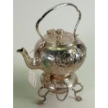 Small silver plated spirit kettle: 20th century, with initals and date in cartouche. 24.5 cm high.