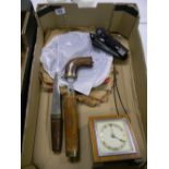 A mixed collection of items to include: decorative Burmese Meat Knife set, Oak cased clock,