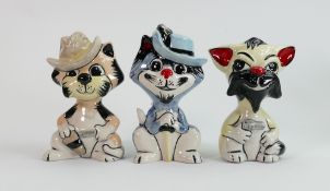 Three Lorna Bailey cats: 2 with guns, one with sword, tallest 13.25 cm (3)