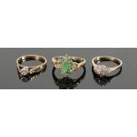 Three x 9ct gold gem set rings: Includes various white and green stones, gross weight 6.2 g, sizes