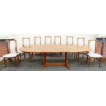 Schou Andersen Denmark dining room table and eight chairs: Believed to be designed by Kai